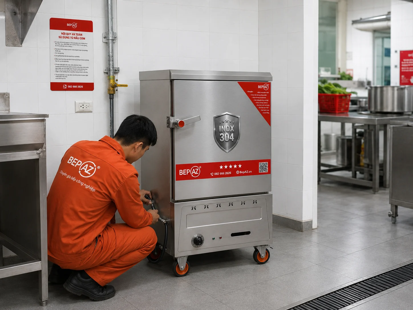 Lắp đặt tủ nấu cơm gas điện BepAZ trong bếp nhà hàng