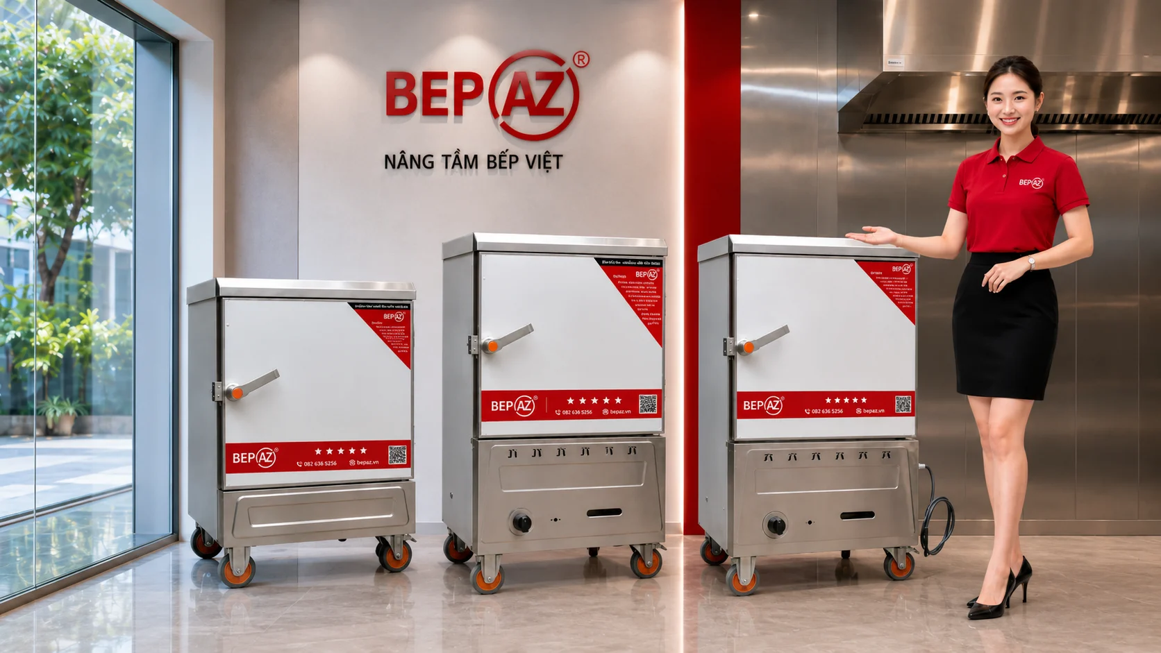 Tủ nấu cơm công nghiệp 6 khay BepAZ điện gas gas điện  inox inox 201