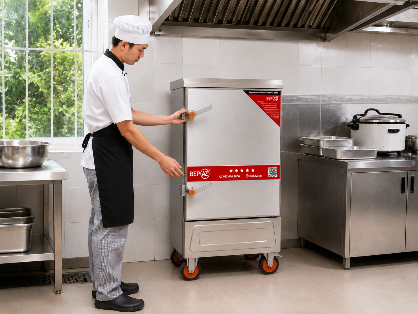 Tủ nấu cơm công nghiệp 8 khay BepAZ trong bếp nhà hàng
