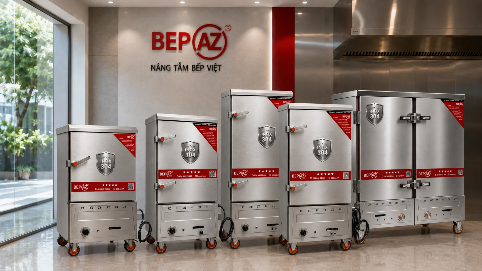 BepAZ cung cấp nhiều mẫu tủ nấu cơm gas điện từ 6 khay đến 24 khay, phù hợp từ quán cơm đến bếp ăn công nghiệp.