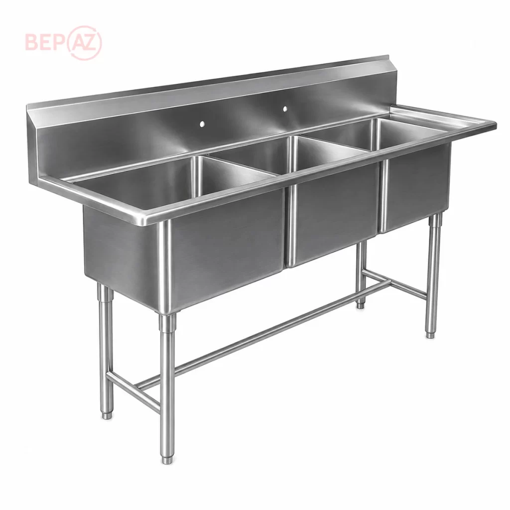 Chậu rửa công nghiệp 3 hố không vòi bằng inox 304