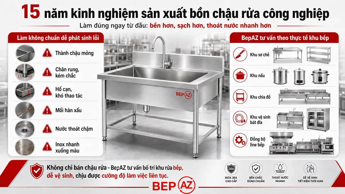 BepAZ sản xuất chậu rửa công nghiệp inox cho bếp nhà hàng và bếp tập thể