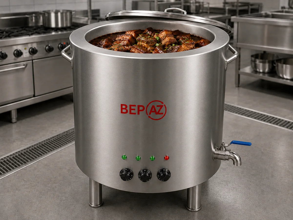 Thịt kho tàu bằng nồi kho thịt công nghiệp BepAZ