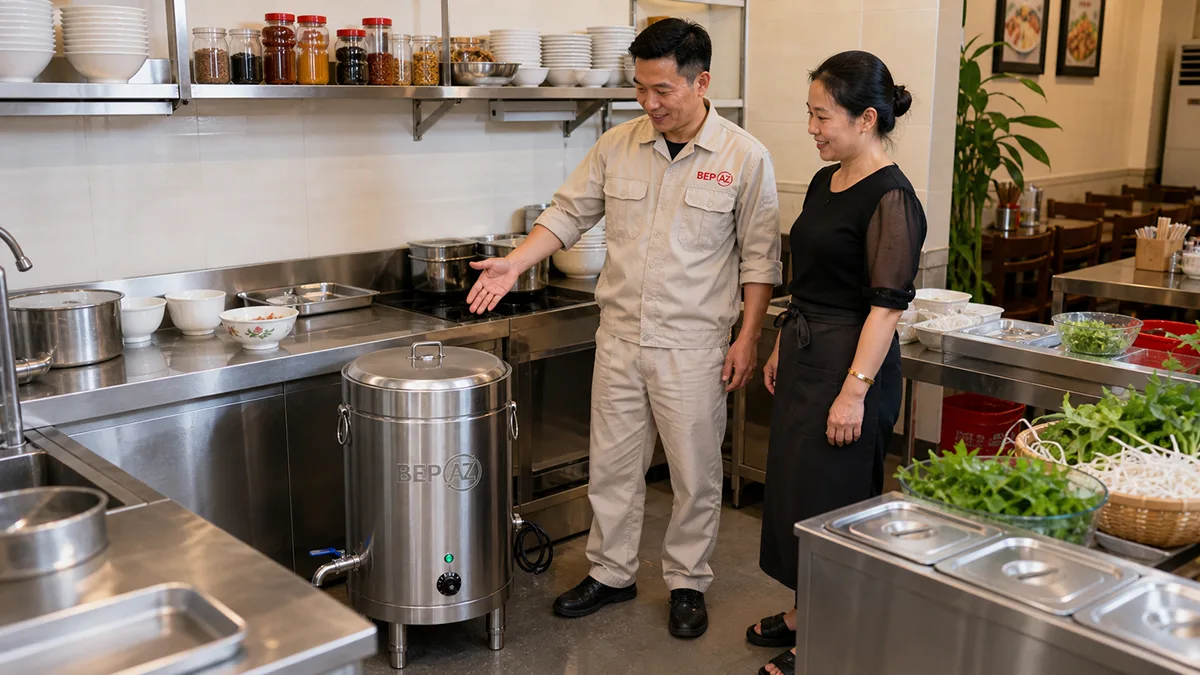 Bàn giao nồi nấu nước lèo 50 lít BepAZ cho khách hàng