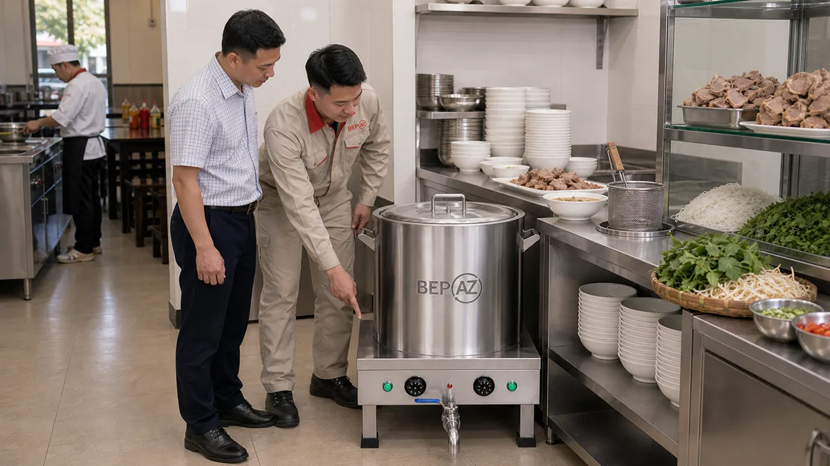 BepAZ bàn giao nồi nấu phở 60l tại quán