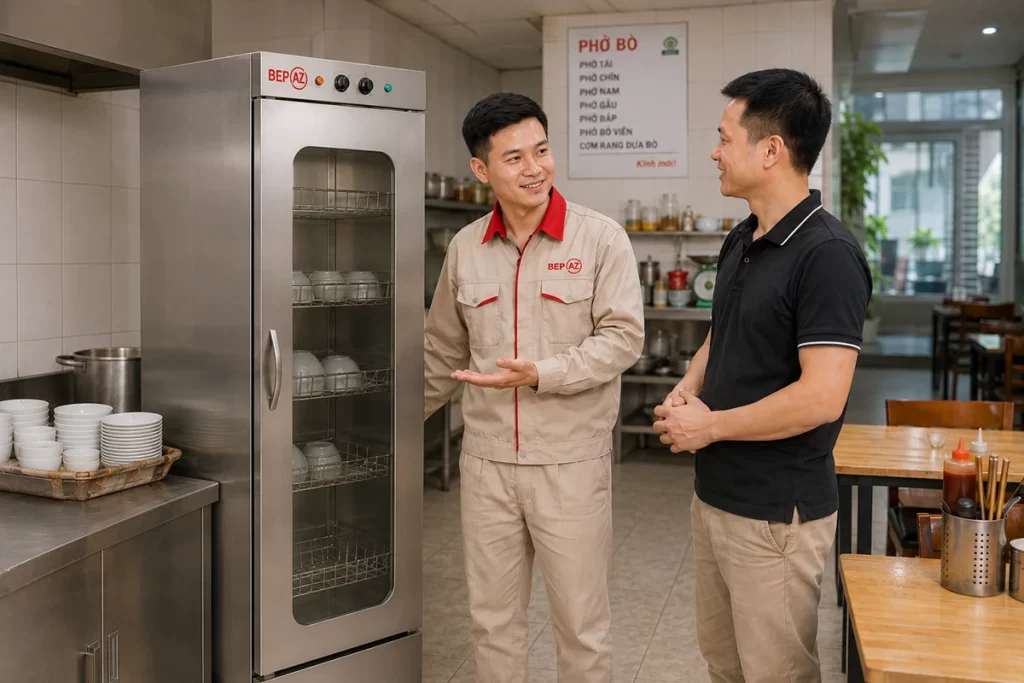 Nhân viên BepAZ bàn giao tủ sấy bát 1 cánh kính cho quán Phở Bò Quang Thái