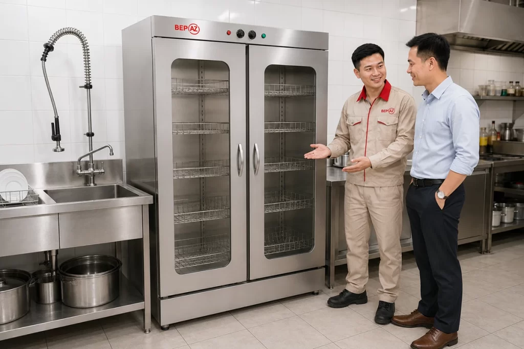 BepAZ bàn giao tủ sấy bát 2 cánh kính cho nhà hàng trong khu bếp