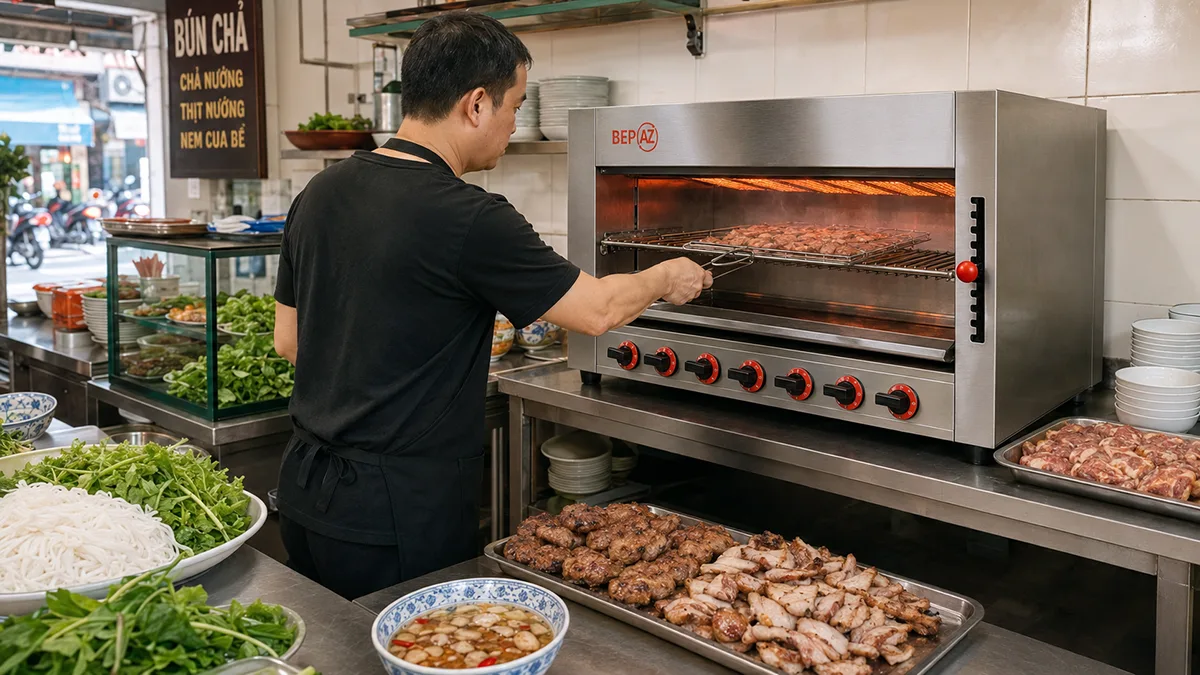Bếp lò nướng Salamander BepAZ trong quán bún chả, hạn chế khói khét