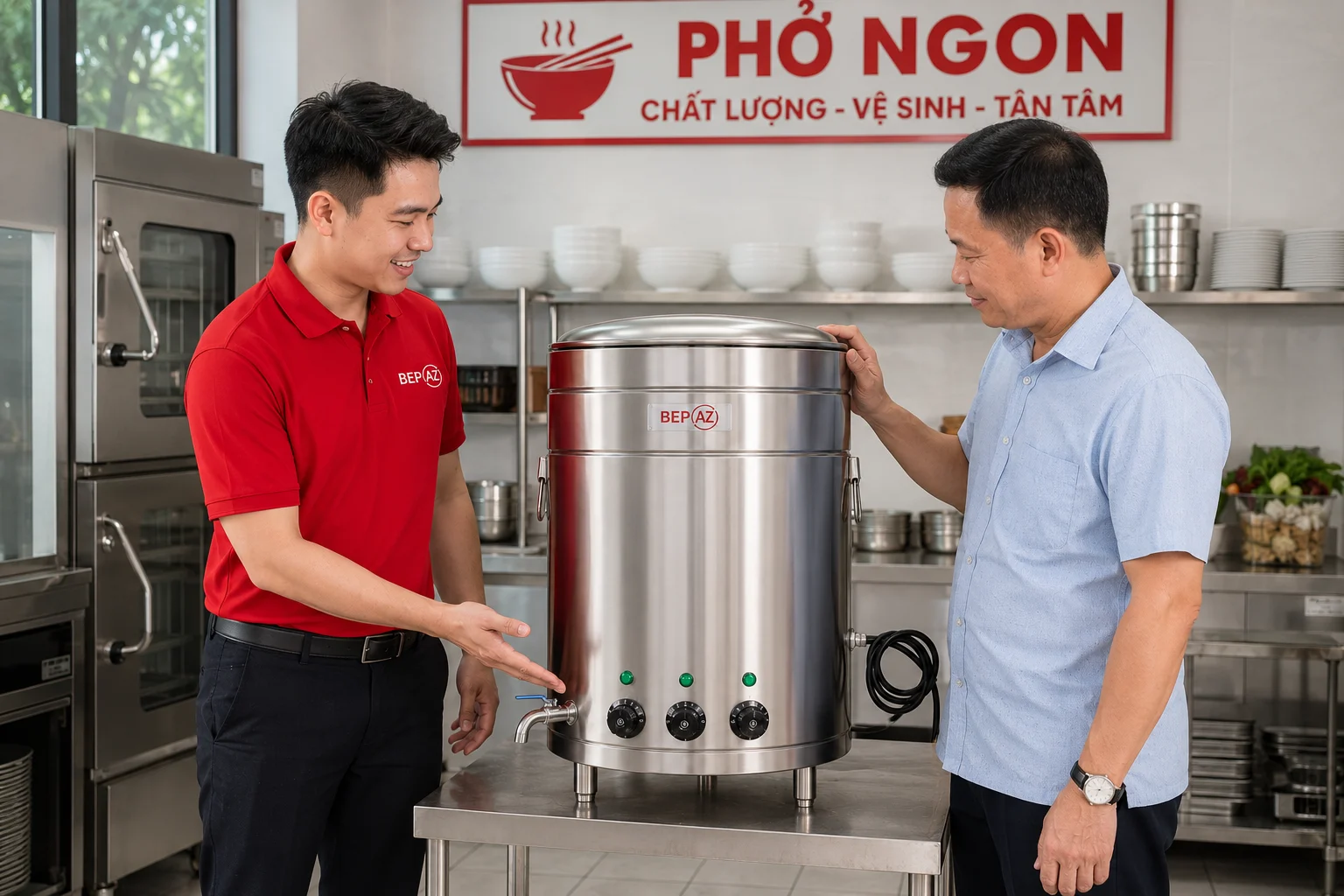 Nhân viên BepAZ tư vấn chọn nồi nấu phở phù hợp cho khách hàng