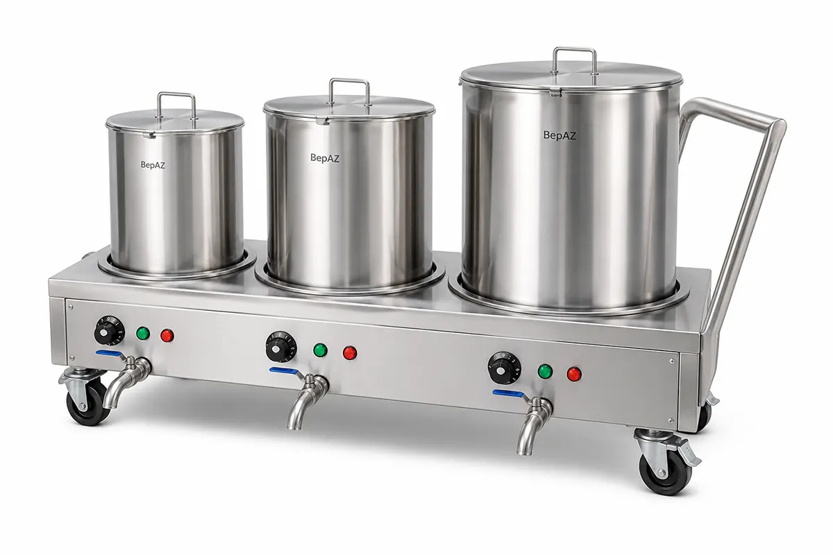 Bộ nồi nấu phở BepAZ ghép 3 nồi trên bệ inox có bánh xe theo yêu cầu