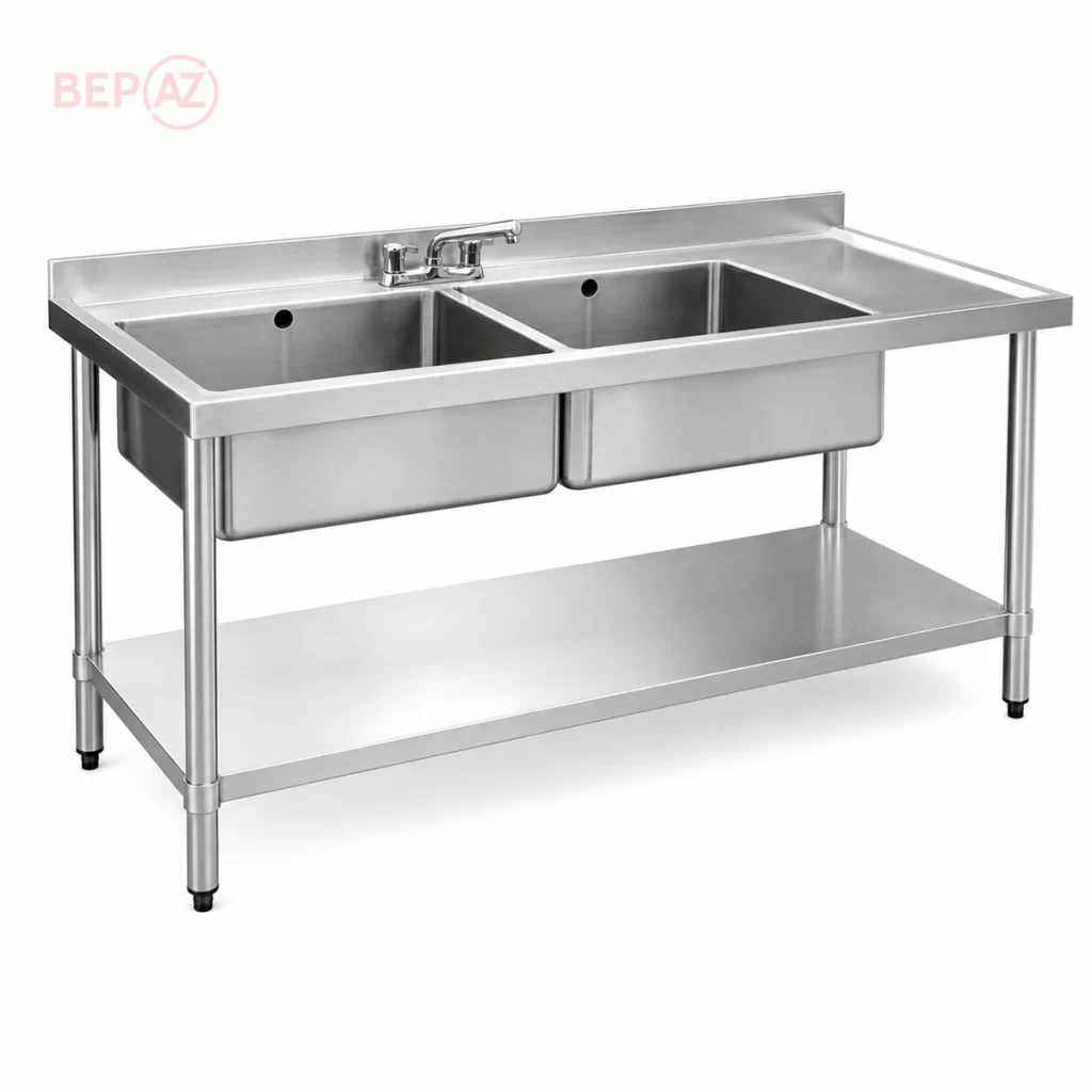 Chậu rửa công nghiệp 2 hố có kệ dưới inox 304 BepAZ mã CR2G