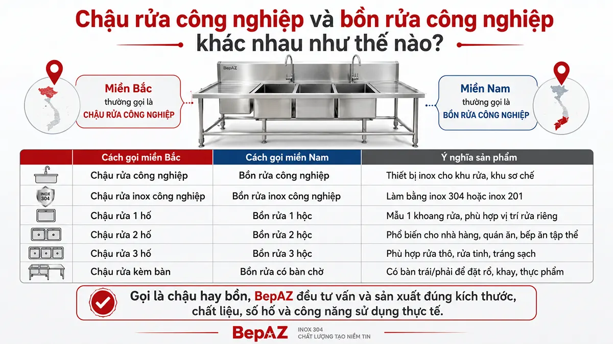 So sánh cách gọi chậu rửa công nghiệp và bồn rửa công nghiệp theo vùng miền