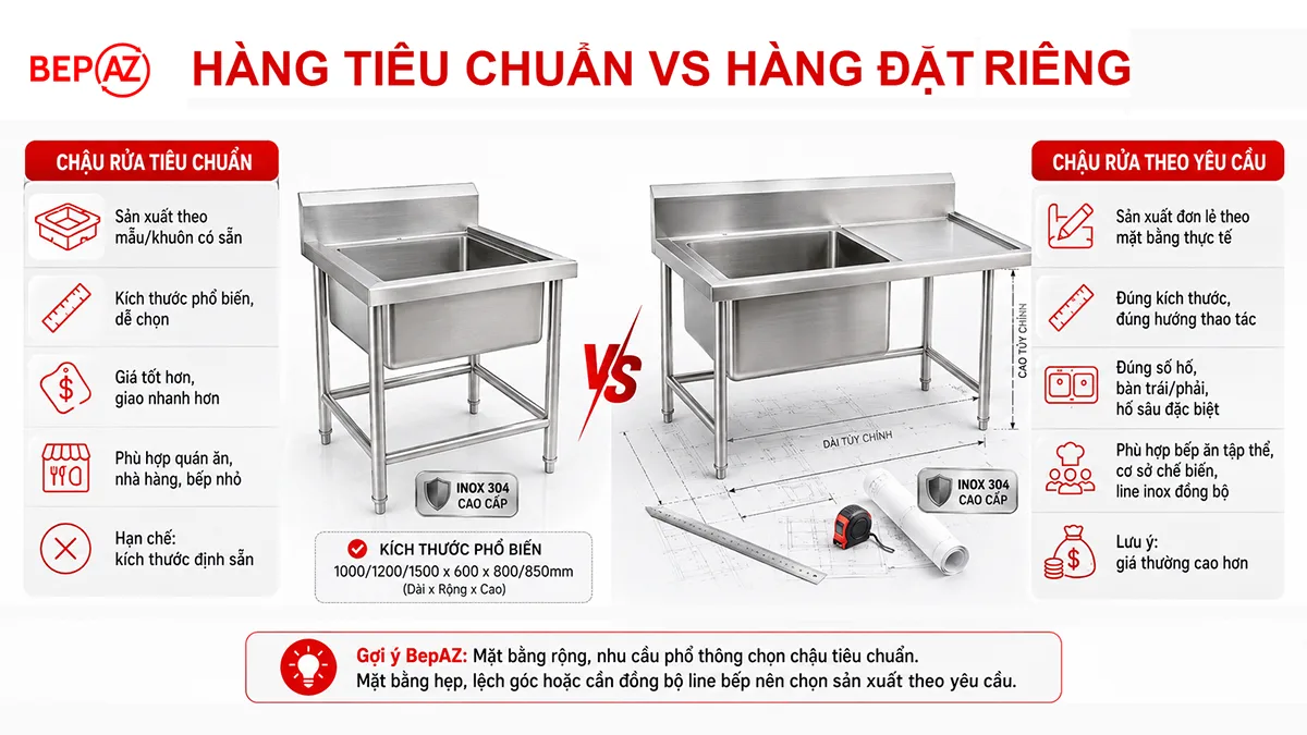 So sánh chậu rửa công nghiệp tiêu chuẩn và chậu rửa sản xuất theo yêu cầu