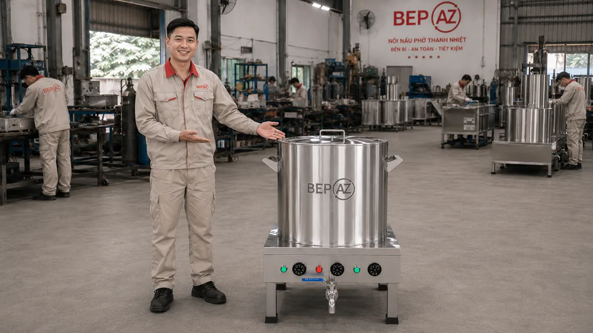 Chi tiết inox 304 vòi xả đèn báo núm điều khiển nồi nấu phở BepAZ