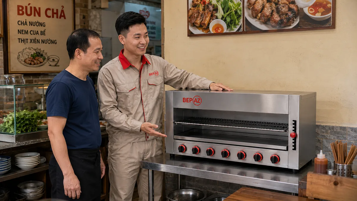 Giao bếp lò nướng Salamander BepAZ cho quán bún chả, nướng chả ít khói