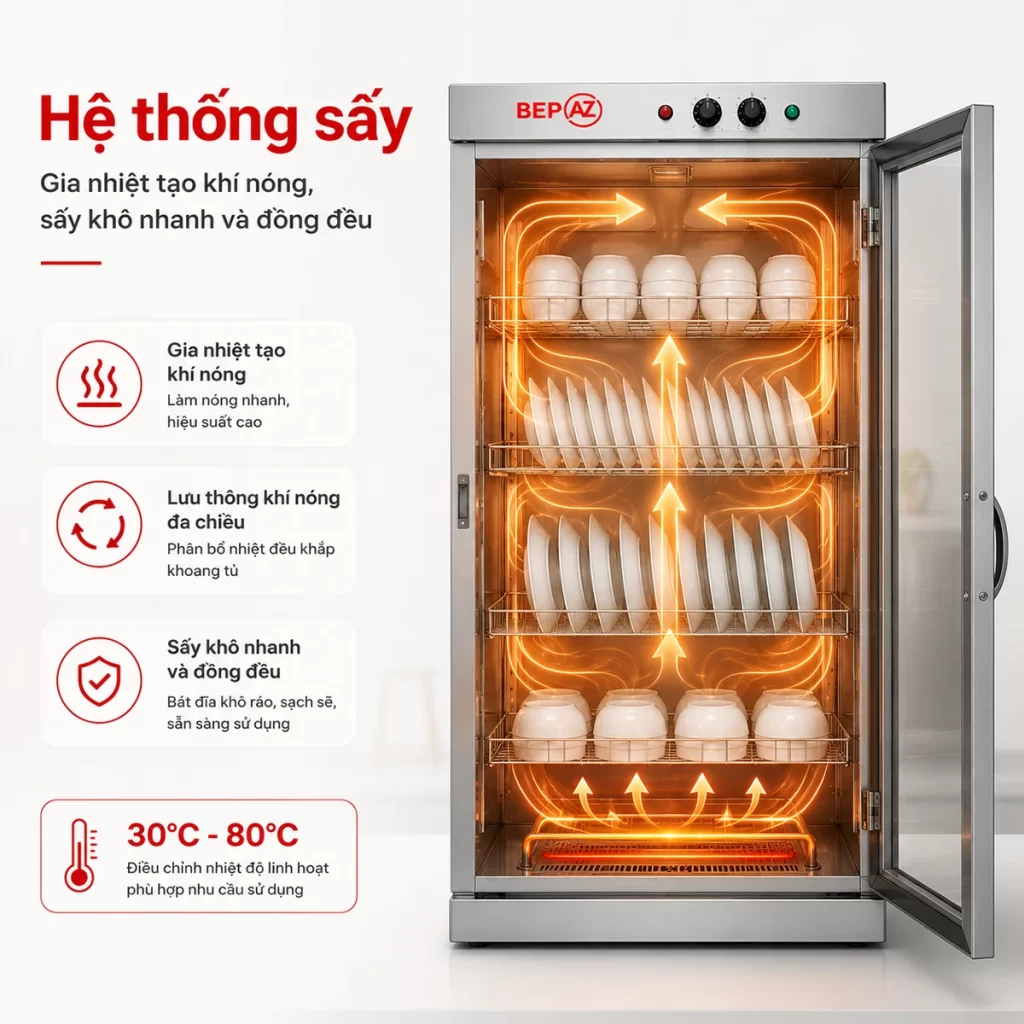 Hệ thống sấy nhiệt trong tủ sấy bát công nghiệp BepAZ