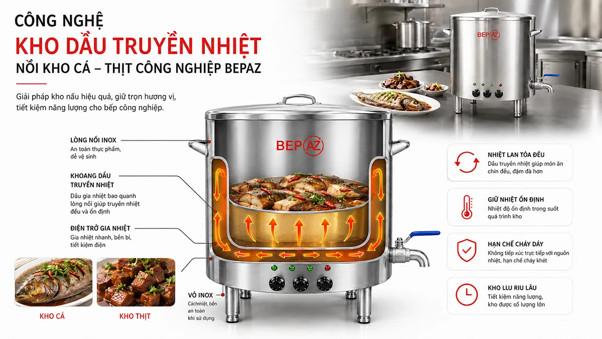 Nguyên lý truyền nhiệt dầu của nồi kho cá công nghiệp BepAZ
