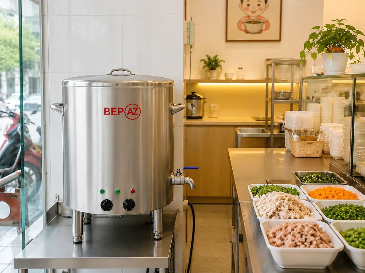 Nồi nấu cháo NC30 BepAZ trong quán cháo dinh dưỡng nhỏ