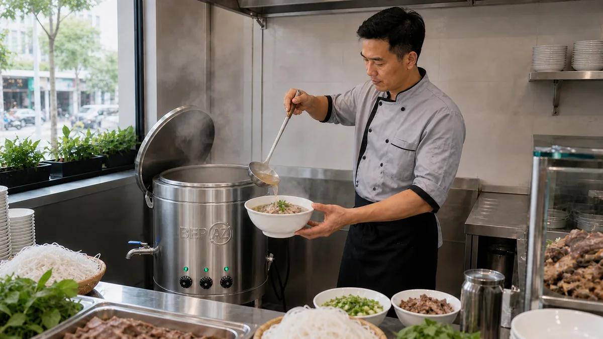 Nồi hầm xương nấu nước lèo 70L BepAZ có giỏ đựng xương inox