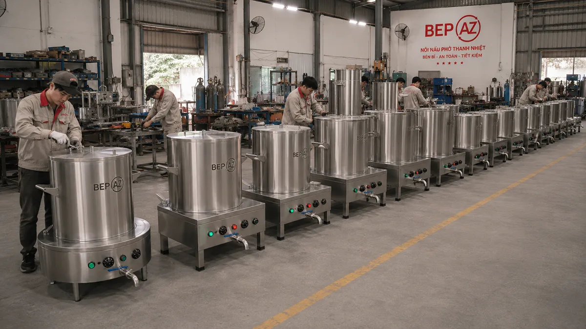 Quy trình sản xuất nồi nấu phở BepAZ tại xưởng inox