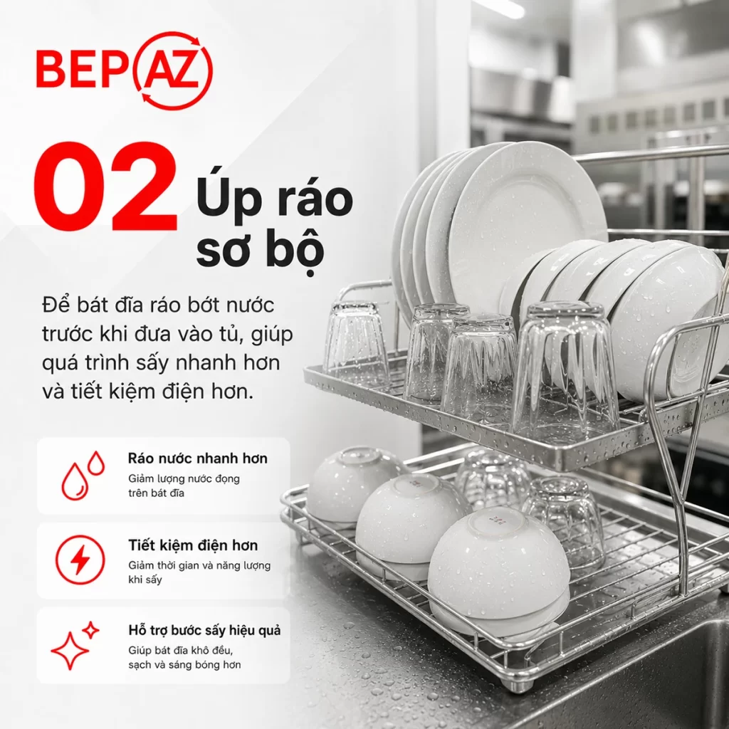 Quy trình sử dụng tủ sấy bát BepAZ bước 2 úp ráo sơ bộ