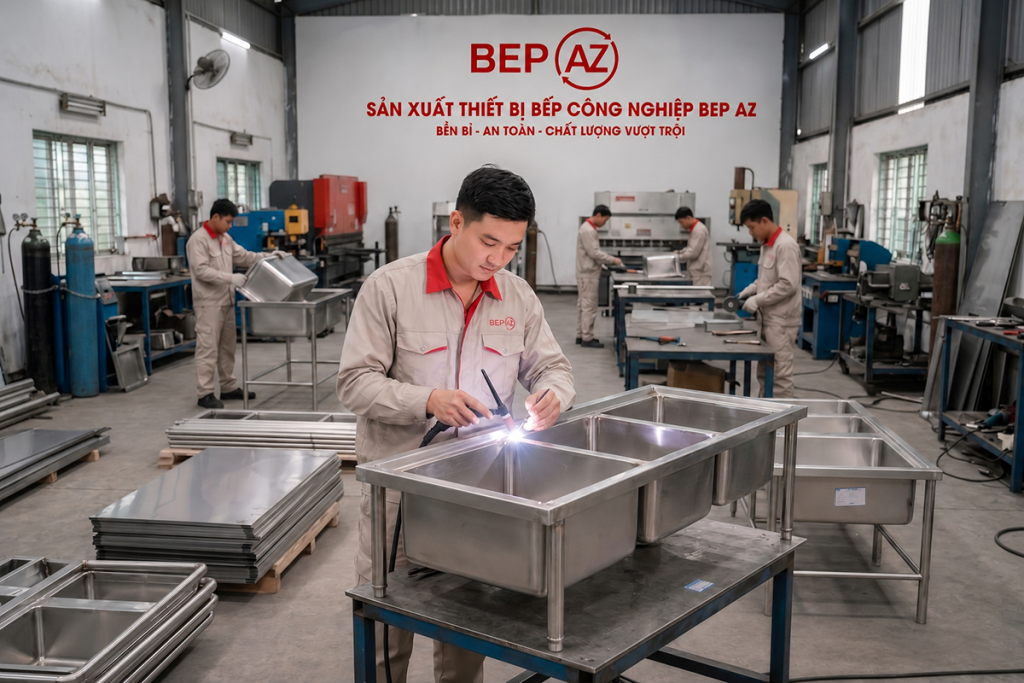 Xưởng BepAZ sản xuất bồn chậu rửa công nghiệp 3 hố inox