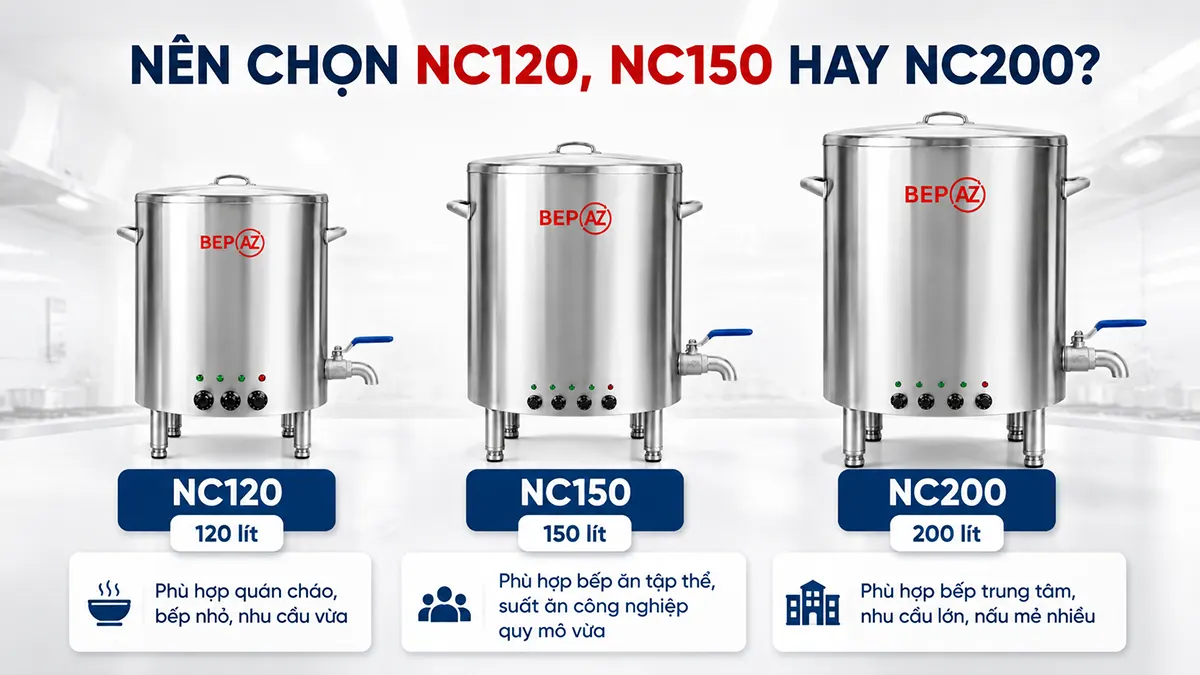 So sánh nồi nấu cháo NC120 NC150 NC200 BepAZ