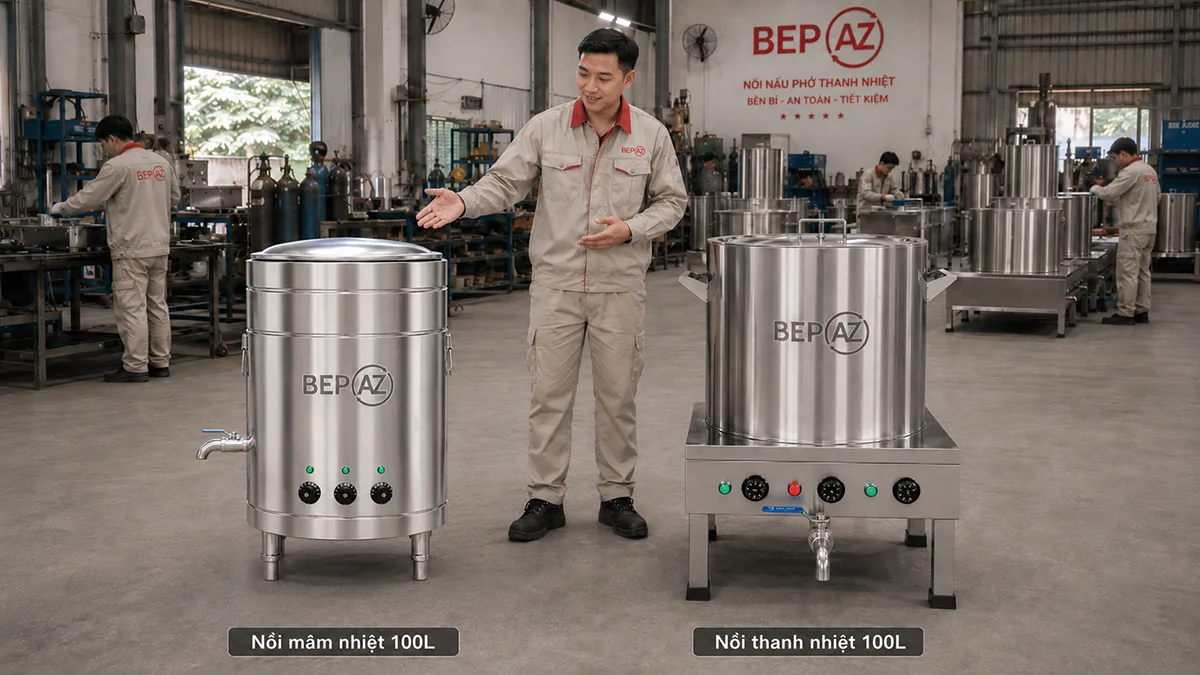 So sánh nồi nấu phở mâm nhiệt và thanh nhiệt BepAZ tại xưởng