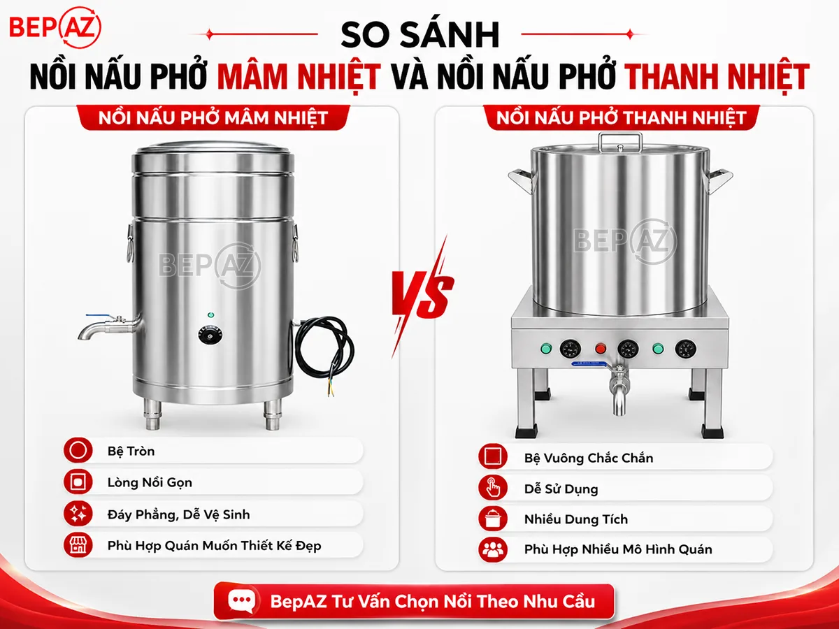 So sánh nồi nấu phở thanh nhiệt với nồi nấu phở mâm nhiệt
