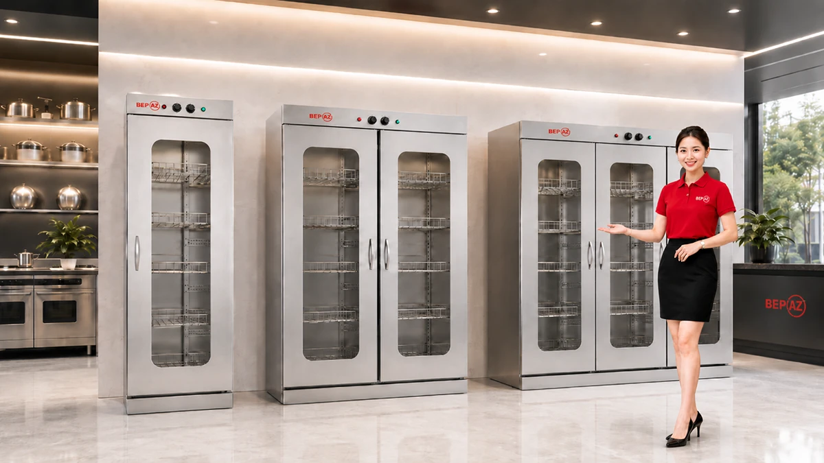 Tủ sấy bát cánh kính 1 cánh, 2 cánh, 3 cánh BepAZ trưng bày trong showroom
