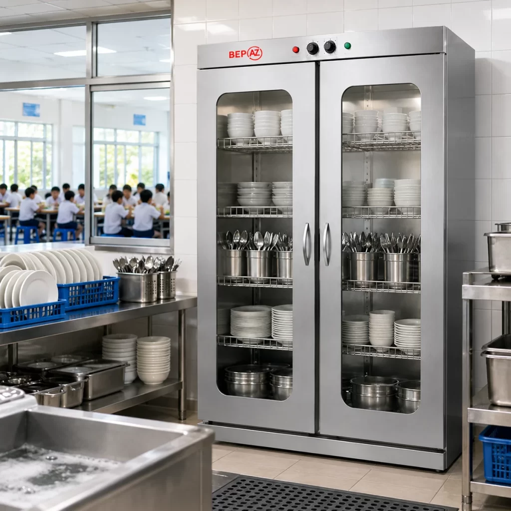 Tủ sấy bát BepAZ trong khu bếp trường học, căn tin
