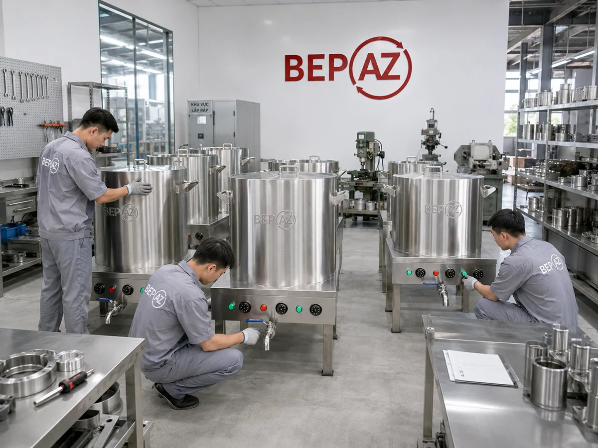 BepAZ nhận sản xuất nồi hầm xương công nghiệp theo yêu cầu về dung tích, inox, điện áp, kiểu gia nhiệt và cấu hình bộ nồi.