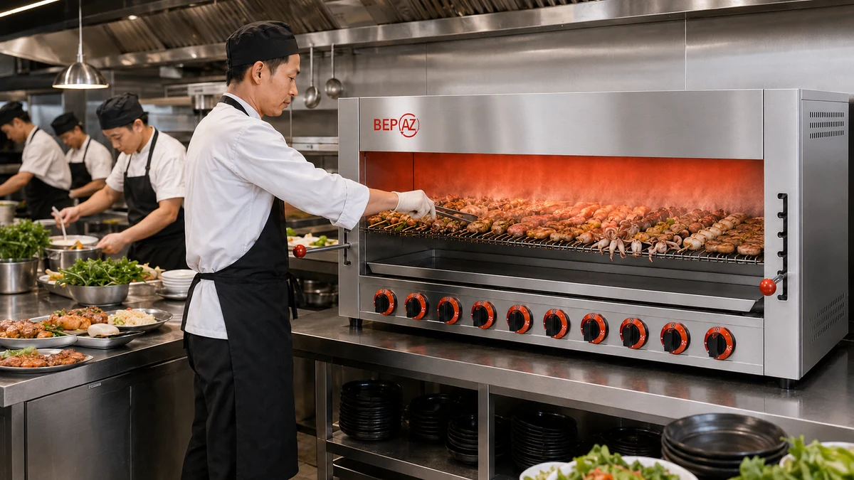 Đầu bếp vận hành lò nướng Salamander 10 họng gas S10G BepAZ trong bếp nhà hàng lớn