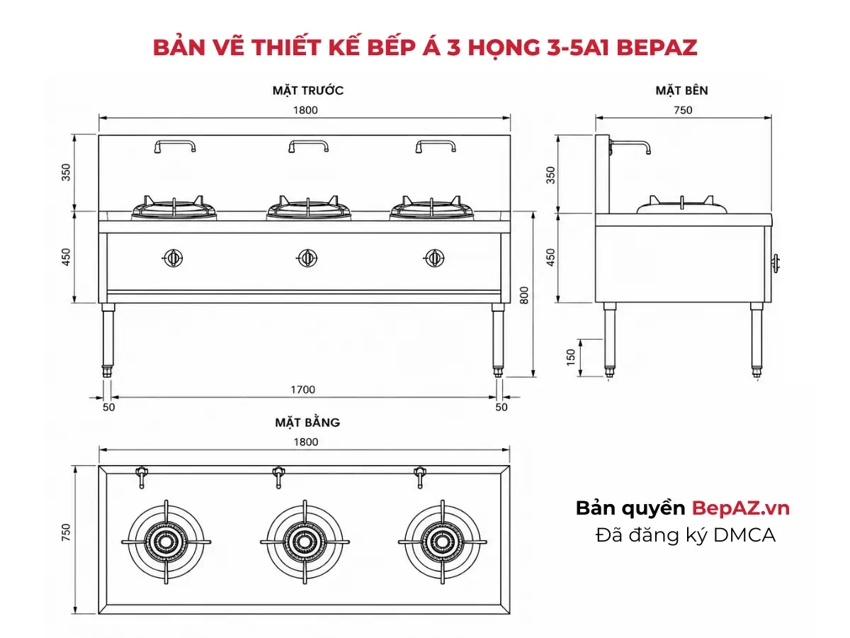Bản vẽ kỹ thuật bếp Á khè 3 họng 3-5A1 BepAZ inox 304