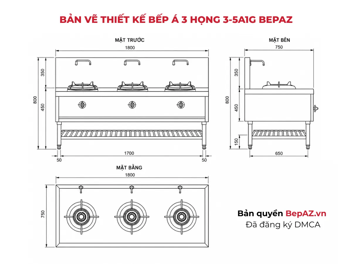 Bản vẽ kỹ thuật bếp Á khè 3 họng 3-5a1g BepAZ có giá dưới inox