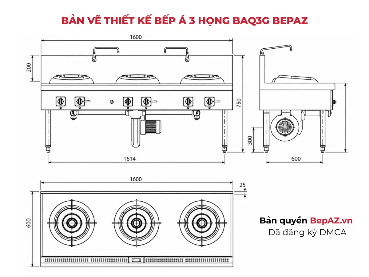 Bản vẽ kỹ thuật bếp Á quạt thổi 3 họng đất BAQ3D BepAZ chịu nhiệt cao
