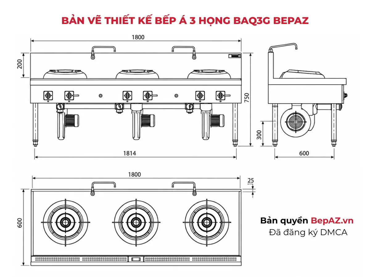 Bản vẽ kỹ thuật bếp Á quạt thổi 3 họng gang BAQ3G BepAZ inox 304