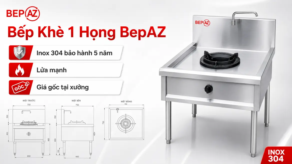 Bếp khè công nghiệp 1 họng BepAZ inox 304 nhỏ gọn bảo hành 5 năm