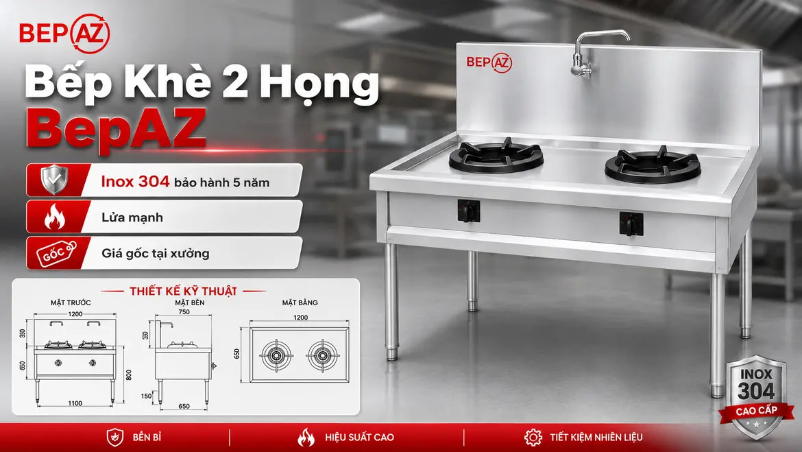 Bếp khè công nghiệp 2 họng BepAZ inox 304 cho quán ăn và nhà hàng
