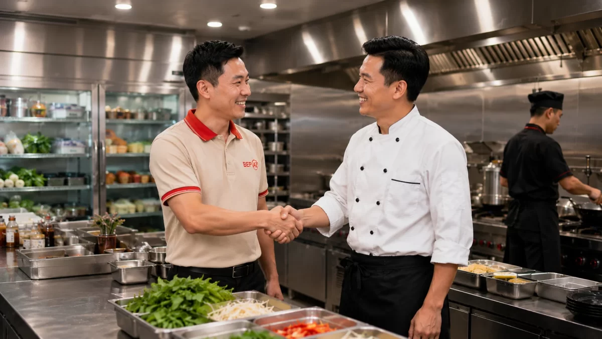 Nhân viên BepAZ bắt tay khách hàng trong bếp công nghiệp thể hiện sự tin tưởng hợp tác