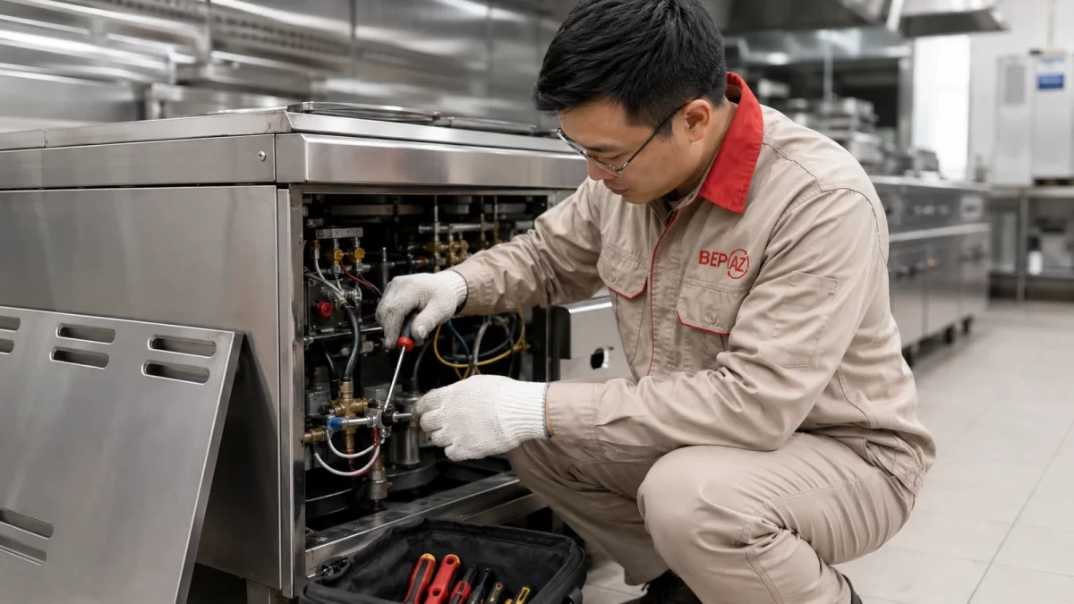 Kỹ thuật viên BepAZ kiểm tra thiết bị bếp công nghiệp dễ bảo trì và thay thế linh kiện
