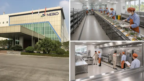 Công ty Điện tử Meiko Việt Nam, dây chuyền chia suất và nhân viên BepAZ kiểm tra khu bếp công nghiệp