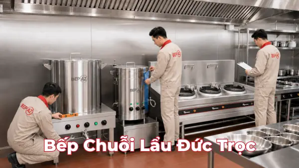 Kỹ thuật viên BepAZ kiểm tra nồi hầm xương và dãy bếp Á tại khu bếp Chuỗi nhà hàng Lẩu Đức Trọc