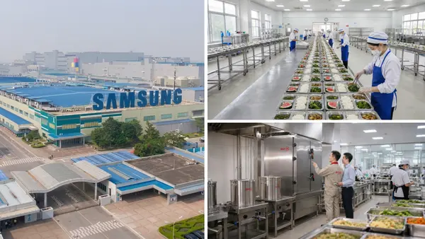 Nhà máy Samsung Display Việt Nam, dây chuyền chia suất ăn và nhân viên BepAZ kiểm tra thiết bị căng tin