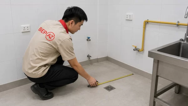 Kỹ thuật viên BepAZ khảo sát mặt bằng bếp công nghiệp trước khi thiết kế