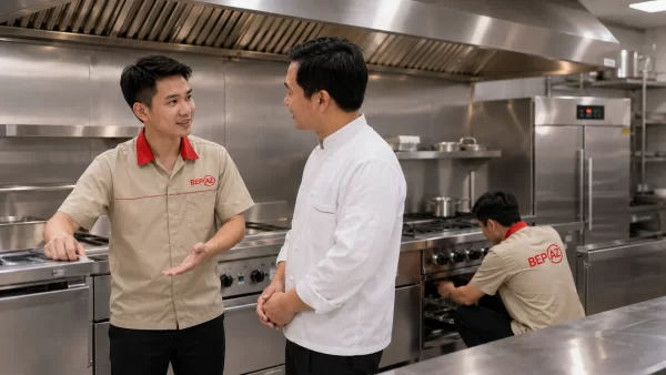 Đội thợ BepAZ lắp đặt thiết bị bếp công nghiệp tại công trình