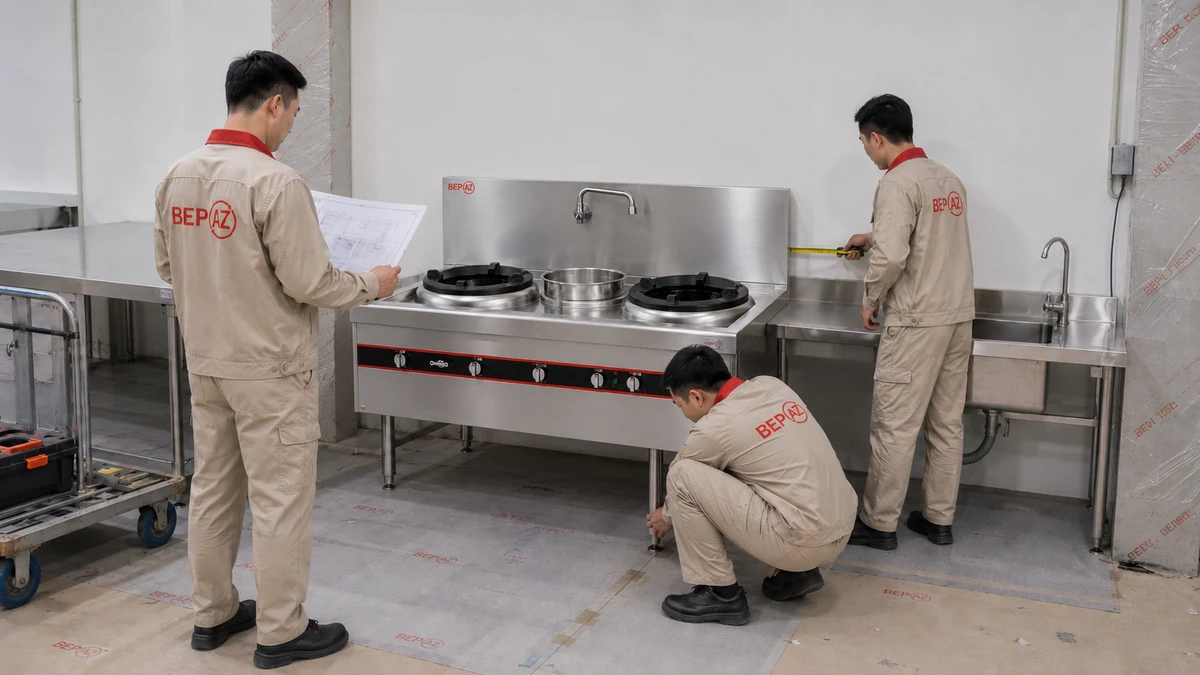 Đội ngũ BepAZ lắp đặt thiết bị bếp công nghiệp theo đúng bản vẽ và vị trí đã thống nhất.