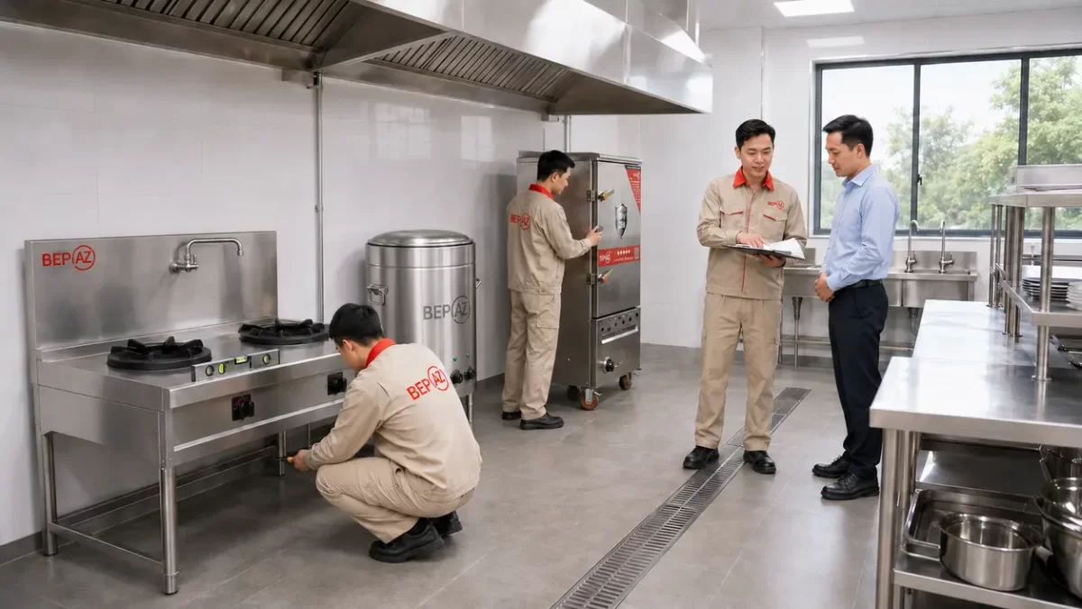 Đội ngũ BepAZ lắp đặt và nghiệm thu bếp công nghiệp