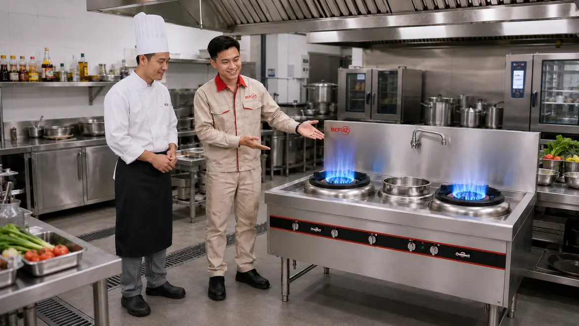 Nhân viên BepAZ hướng dẫn đầu bếp vận hành bếp Á quạt thổi lửa xanh mạnh