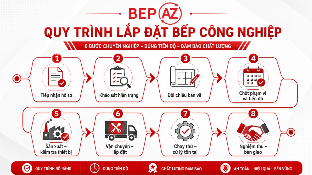 Infographic quy trình thi công bếp công nghiệp 8 bước từ khảo sát đến bàn giao.